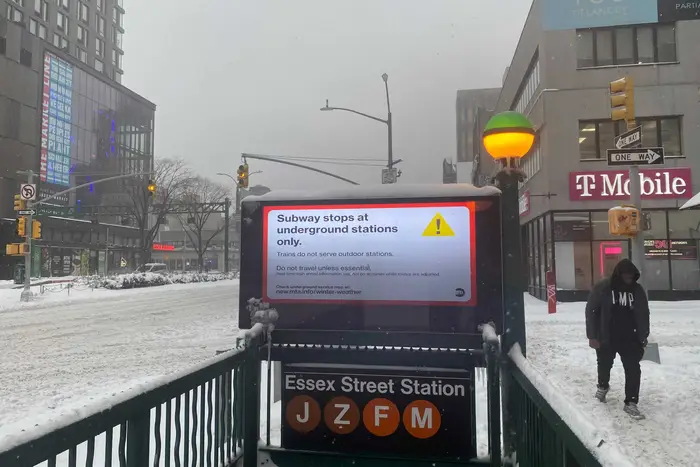 The entrance to the Essex Street subway station in the Lower East Side during the February 1st blizzard.